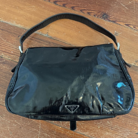 Authentic Prada Cleo Black Patent Leather Shoulder Bag Satchel Vintage Italy - Picture 1 of 16